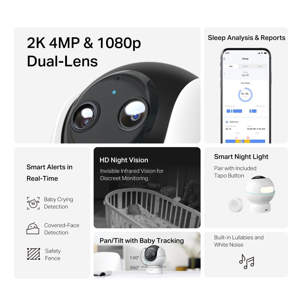 Tapo C840 2K 4MP Dual-Lens Baby Monitor,360° Baby Tracking Security Camera, HD Night Vision,AI Detection Indoor Cameras House Security,Sleep Analysis,Alexa,Google Home,Flexible Storage,No Monthly Fee