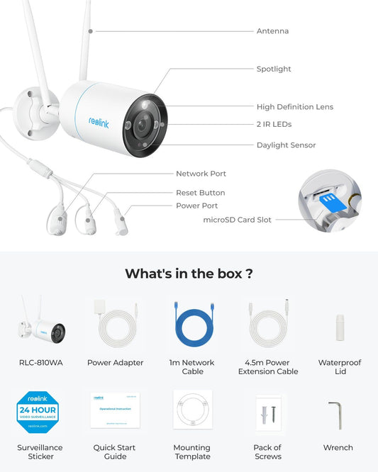 Reolink 4K Security Camera Outdoor Wi-Fi 6, 8MP Color Night Vision, Human/Vehicle/Animal Detection, IP67 Waterproof, 2.4/5 GHz WiFi, 2-Way Audio, Home Plug in IP Camera 24/7 Recording, RLC-810WA