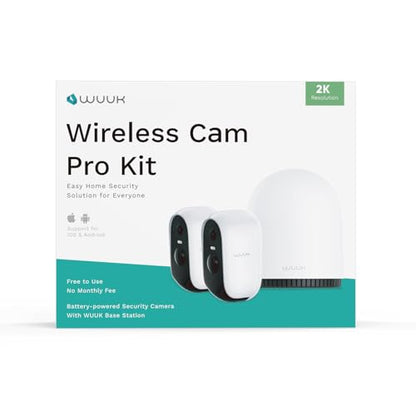WUUK 2K Wireless Outdoor Security Camera, 32GB Local Storage Base Station, No Monthly Fee, Battery Operated Camera, Night Vision, Home Security Camera System, Compatible with Alexa & Google