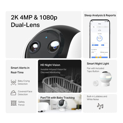 Tapo C840 2K 4MP Dual-Lens Baby Monitor,360° Baby Tracking Security Camera, HD Night Vision,AI Detection Indoor Cameras House Security,Sleep Analysis,Alexa,Google Home,Flexible Storage,No Monthly Fee