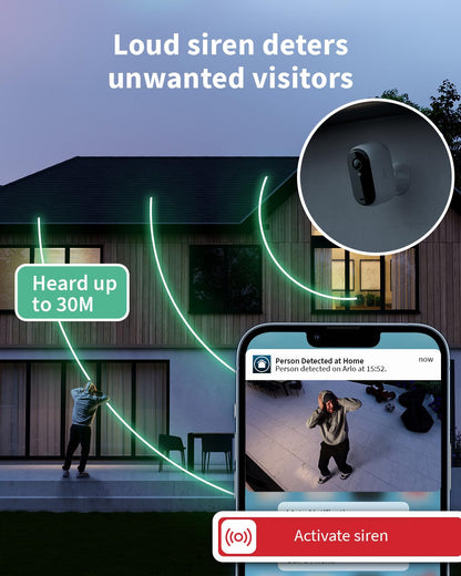 Arlo Essential 2 HD Video Security Camera Outdoor Wireless & 2 Solar Panels, Battery Operated, Colour Night Vision, Light, Siren, 2 Way Audio & WiFi, Arlo Secure Free Trial, 2 Cameras, White