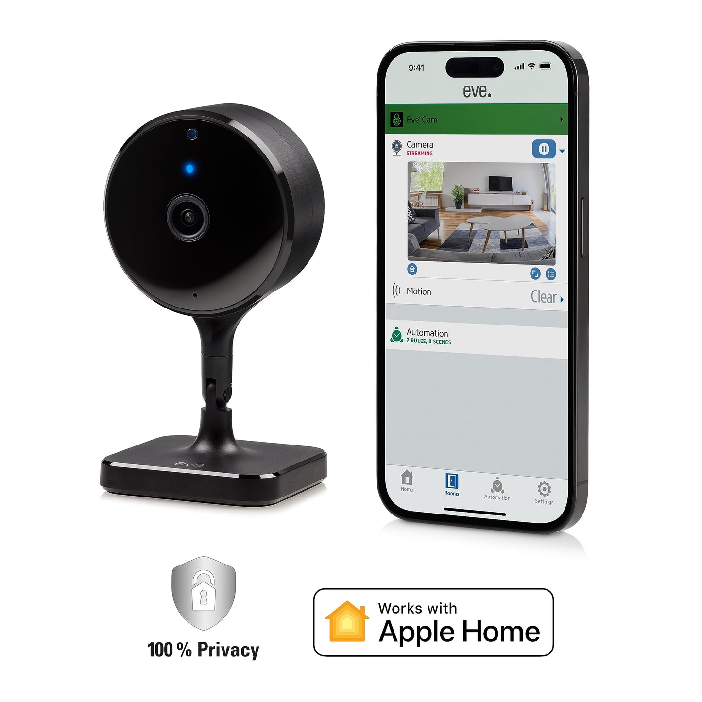 Eve Cam (Apple Home) - Smart Indoor Camera, 1080p resolution, Wi-Fi, 100 Percent privacy, HomeKit Secure Video, iPhone notifications, microphone and speaker, night vision, flexible installation