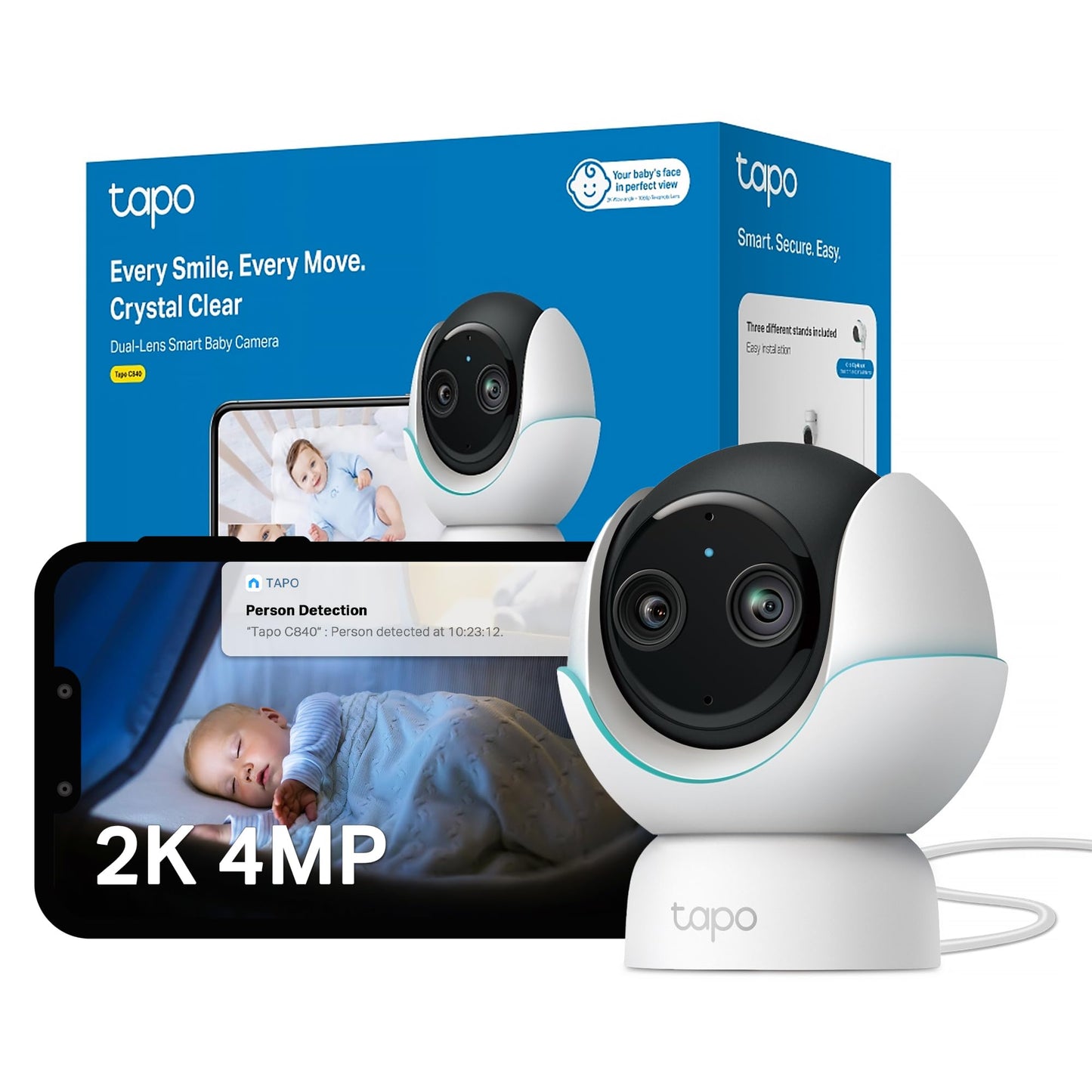 Tapo C840 2K 4MP Dual-Lens Baby Monitor,360° Baby Tracking Security Camera, HD Night Vision,AI Detection Indoor Cameras House Security,Sleep Analysis,Alexa,Google Home,Flexible Storage,No Monthly Fee